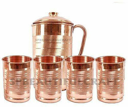 Copper Water Jug Pitcher with 4 Drinking Tumbler Glass 300ML Health Yoga Benefit - £37.19 GBP