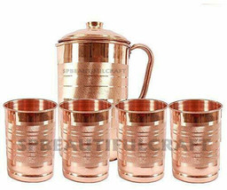 Copper Water Jug Pitcher with 4 Drinking Tumbler Glass 300ML Health Yoga Benefit - £36.58 GBP