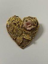 Vintage 1928 Jewelry Heart Brooch with Pink Rose Gold Tone - $9.39