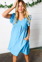 Sky Blue Babydoll Ruffle V Neck Crepe Dress - £14.05 GBP