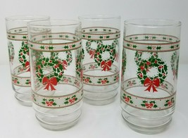 Christmas Glasses Wreath Holly Holiday Berries Set of 4 1980s Vintage  - £15.19 GBP