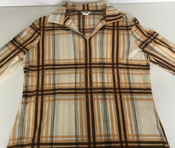 vintage vera long sleeve pullover top blouse v neck collar brown plaid  - $27.03 CAD