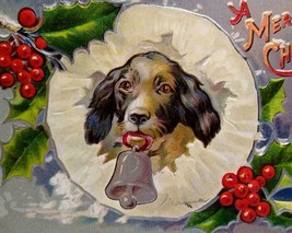 Christmas Postcard Black White Cocker Spaniel Dogs Puppy Bell In Mouth Unused - £21.27 GBP