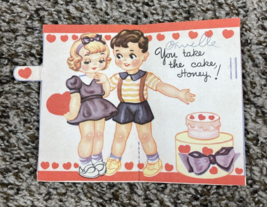 Vintage Valentines Day Card Boy Girl w Cake You Take The Cake - $111.65 MXN