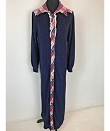 JCPenney Junior Robe Navy Blue Red Plaid Collar Trim size M Vintage 1970... - £10.04 GBP
