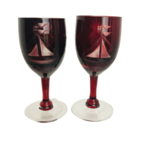 Ruby Red 2-oz Cordials Sailboat Motif Sherry Stems Hand Cut To Clear 4-i... - $19.99