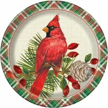 Red Cardinal Christmas Plaid Paper 8 Ct 9&quot; Luncheon Dinner Plates - $4.94