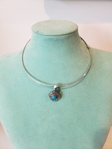 Hand Crafted Necklace Silver Hard Choker with Simulated Turquoise Pendant - £7.79 GBP