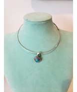 Hand Crafted Necklace Silver Hard Choker with Simulated Turquoise Pendant - £7.83 GBP