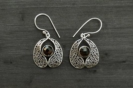 Delicate Filigree Earrings with Smoky Quartz Crystal, Tribal Vintage Style - £17.58 GBP