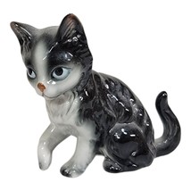 Vintage Lefton Kitten Cat Figurine Black Gray White w/ Blue Eyes Japan - £15.49 GBP