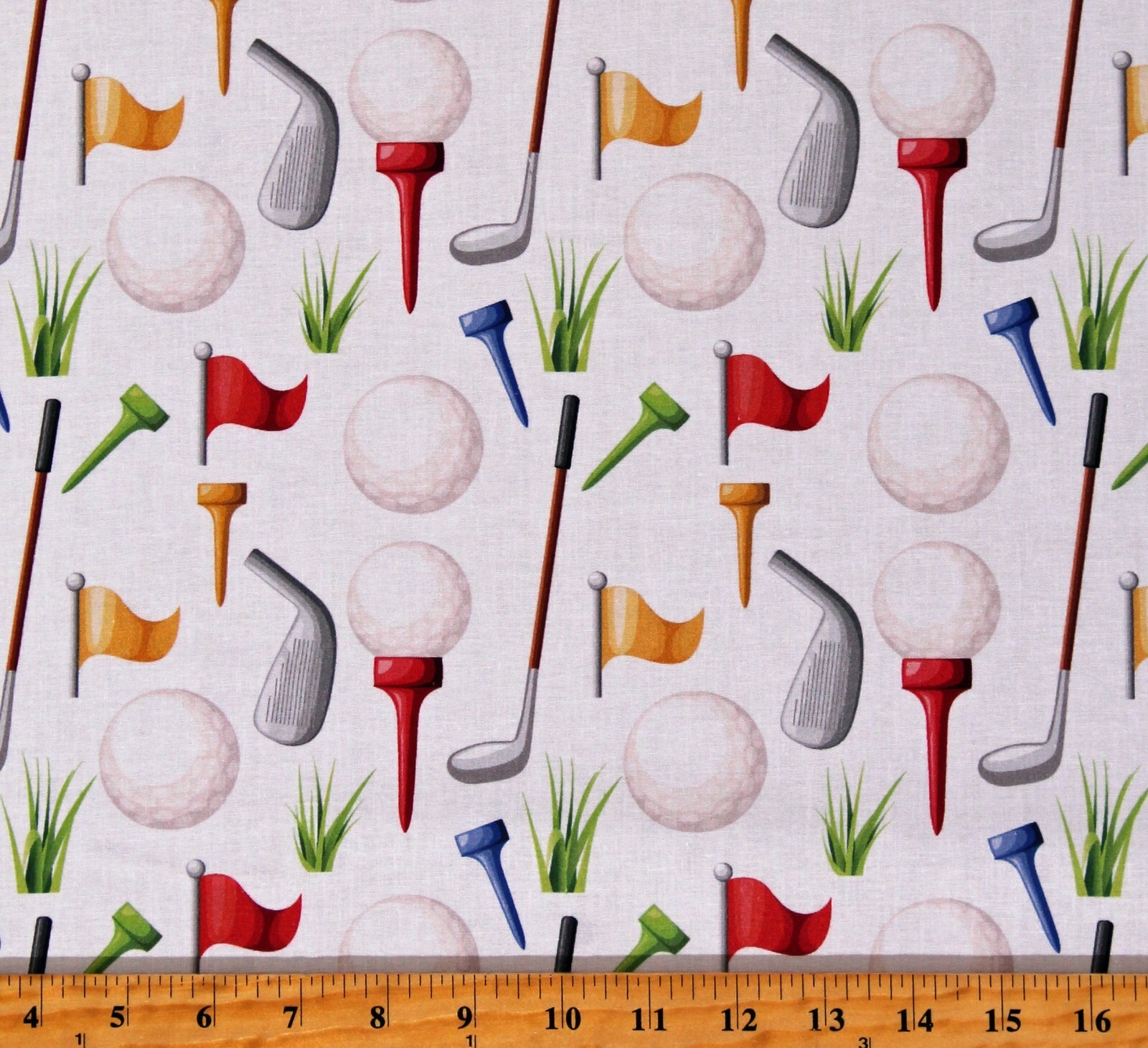 Cotton Golf Golfballs Golf Clubs Tees Flagstick Sports Fabric Print BTY ... - $12.95