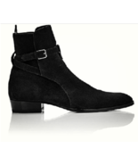 Suede Black Color Leather Rounded Buckle Strap High Ankle Jodhpur Men Boots - £127.59 GBP+