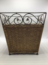 Trash Can Wastepaper Basket Rattan Wicker Metal Scroll Bath Office Foote... - $22.53