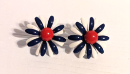 red white and blue flowers clip on earrings enamel metal vintage - £15.79 GBP
