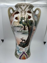 Antique 12&quot; Royal Nishiki Nippon Hand Painted Deer Flower Peonies Porcelain Vase - £43.06 GBP