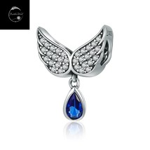 Genuine Sterling Silver 925 Guardian Angel Fairy Wings Dangle Charm With Blue CZ - £15.96 GBP