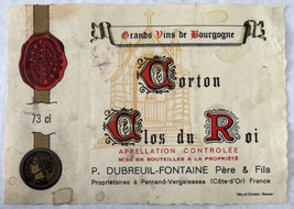 Grands Dins de Bourgongne Cotton Clos du Roi French Vintage Wine Bottle Label - £7.74 GBP