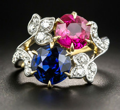 Victorian 0.80ct Rose Cut Diamond Ruby Blue Sapphire Colorful Bridal Ring - £389.91 GBP