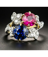 Victorian 0.80ct Rose Cut Diamond Ruby Blue Sapphire Colorful Bridal Ring - £393.37 GBP