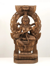 36&quot; Large Devi Saraswati Seated on Kirtimukha Throne | Wood Carved Statue - £800.49 GBP