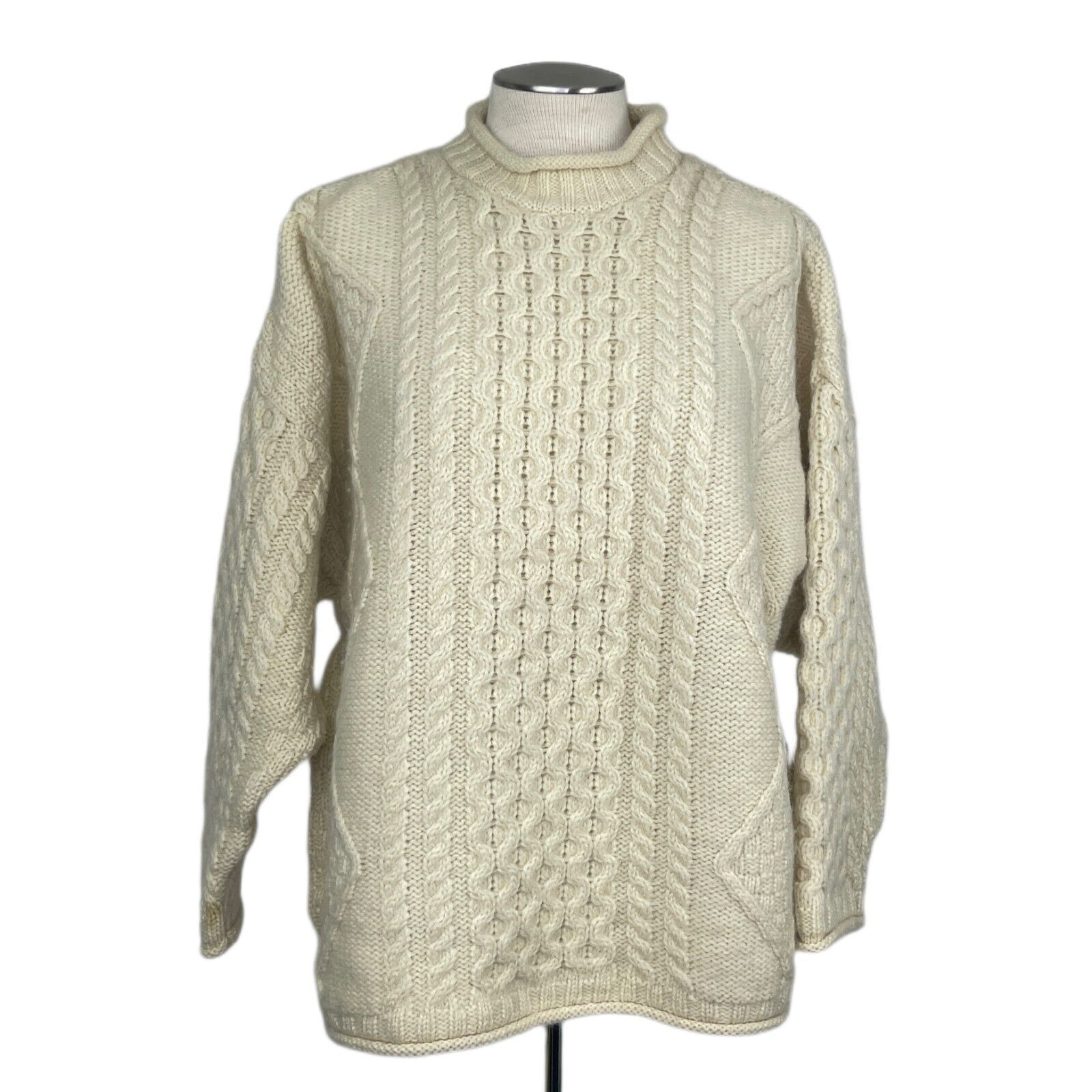Primary image for VTG Celtic Country Womens Beige High Collar Cable Knit Pullover Wool Sweater L