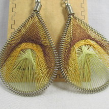 Brown Gold Yellow Thread Pierced Earrings Large 2&quot; Spirit Nature Peru Woven #109 - £10.22 GBP