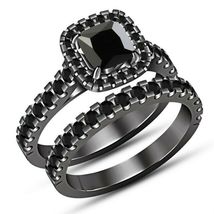 Cushion-Cut Black Diamond Wedding Bridal Ring Set in 10K Black Gold Over 2.10 CT - £73.11 GBP