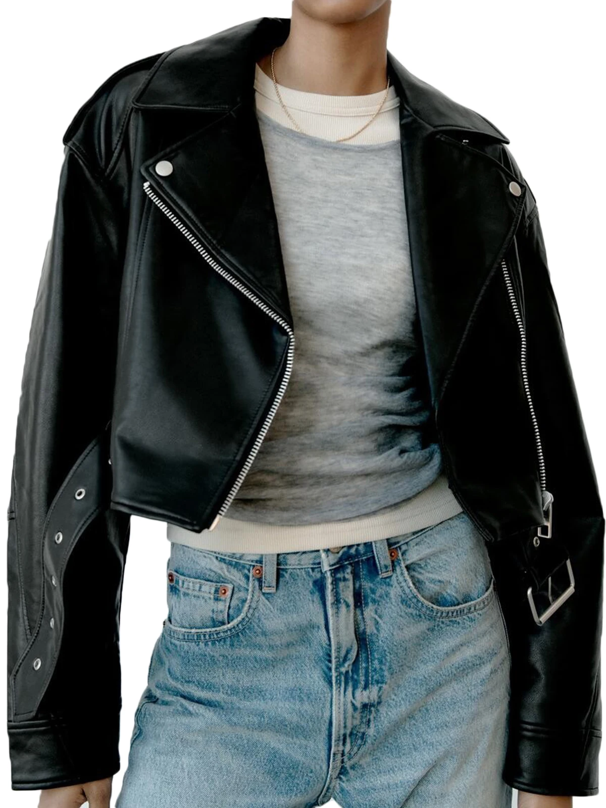 Women Faux PU Leather Jacket Casual Lady Lapel Zipper Short Leather Jacket  - $70.00