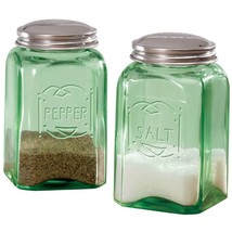 Bottle Green Glass Salt and Pepper Shakers Depression Style Metal Top Re... - £29.42 GBP