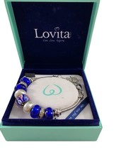 Lovita Slide Beaded Bracelet Crystals Blue Faux Pearl Silver Tone Adjustable - £11.86 GBP