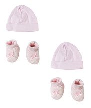 Bambini Preemie Girl Preemie Cap and Bootie - 4 pc Set 100% Cotton Pink - £11.70 GBP