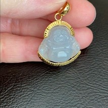 14K Solid Real Gold Natural Icy Jadeite Jade Happy Laughing Buddha Pendant 829 - £471.08 GBP