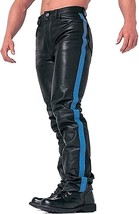 38&quot; Men&#39;s Real Leather Cowhide Pants Biker Jeans Trousers BLUF Blue Stripes - $56.09