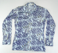 Vintage 70s Burma Classic Disco Button-Up Shirt L Blue Floral Nylon Silk... - £44.03 GBP