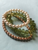 Lot of 3 Faux Coral &amp; White Pearl &amp; Plastic Faceted Light Green Bead Stretch - £11.96 GBP