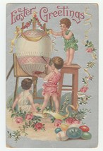 Vintage Postcard Easter Children Decorate Big Egg Embossed Silver Background - £7.73 GBP