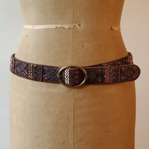 Lucky Brand Belt 33-38 Beaded Leather Brass Hardware Boho Embroidered India - £39.16 GBP