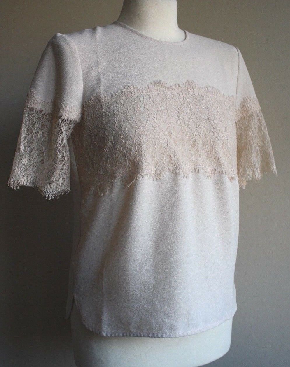Zara S Cream Ivory Lace Short Sleeve Embellished Top Blouse - $16.72