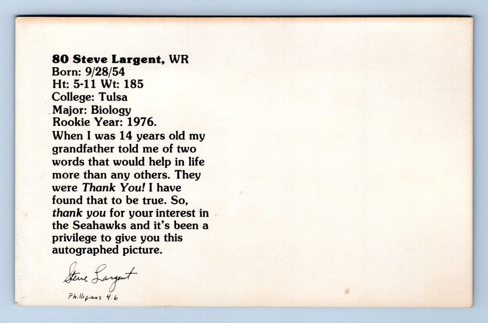 1982 Seattle Seahawks Steve Largent Team Issued UNP Chrome Postcard M2 Item image 2