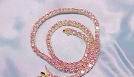 11.00Ct Round Simulated Pink Sapphire Classic Necklace 925 Silver Gold Plated - £221.58 GBP