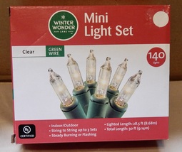 Mini Christmas Light Set 140 ea Clear Green Wire 28.5 Ft Steady Or Flash... - $4.49