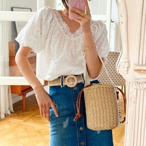 T chic white blouse shirt lace floral emboridery summer women blouse ruffle v neck puff thumb200