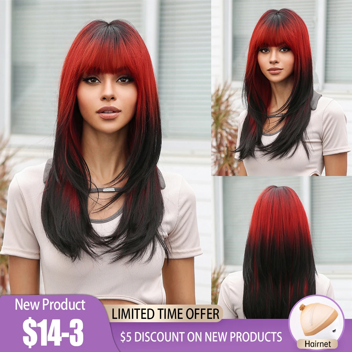 Ombre Red to Black Synthetic Hair Wigs with Bangs Long Layered Straight W - £19.60 GBP