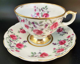 Vintage Tea Cup Saucer Pink Roses Bone China Gilded - £11.84 GBP