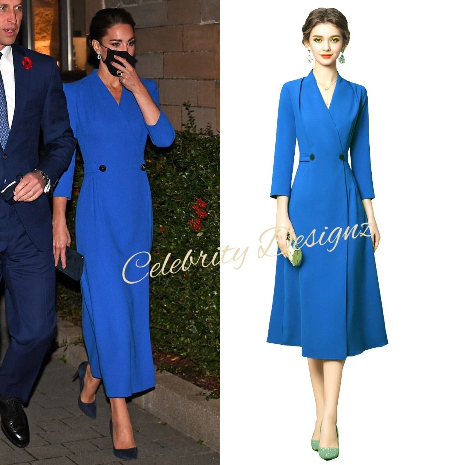 Kate Middleton Inspired Blue 3/4 Sleeve Double-Breasted Wrap Coat Dress OZ Stock