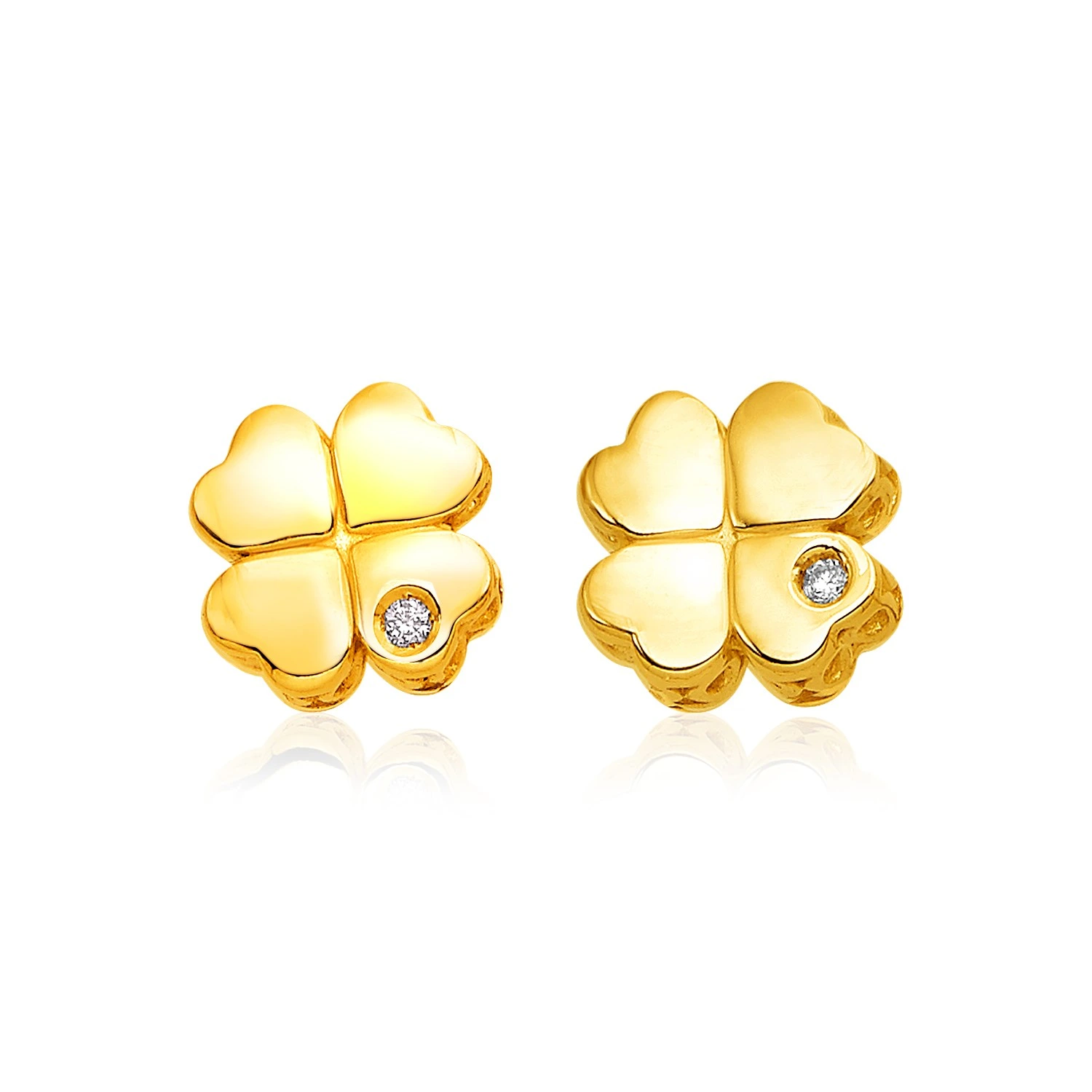 14K Gold Four Leaf Clover w Diamond Stud pierced Earrings, 1 pair, yellow - €174,92 EUR