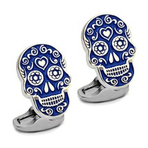 Day Of The Dead Cufflinks Blue Enamel Sugar Skull Halloween Skeleton W Gift Bag - £9.55 GBP