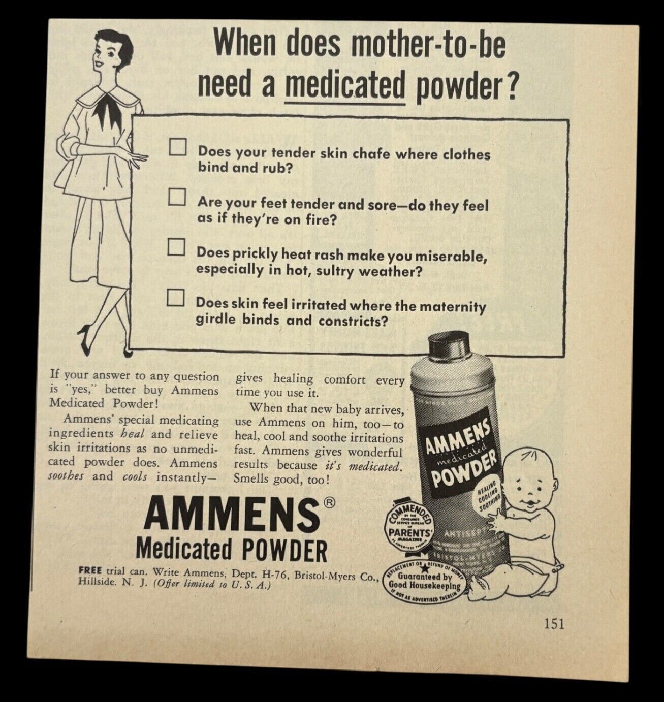 Ammens Medicated Powder Vintage Print Ad 1950s Mothers Heal Skin Bristol Myers - $9.89