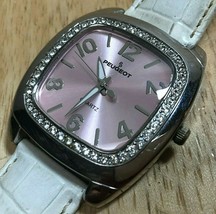 Peugeot Men Silver Barrel Rhinestone Leather Analog Quartz Watch New Battery - $18.99